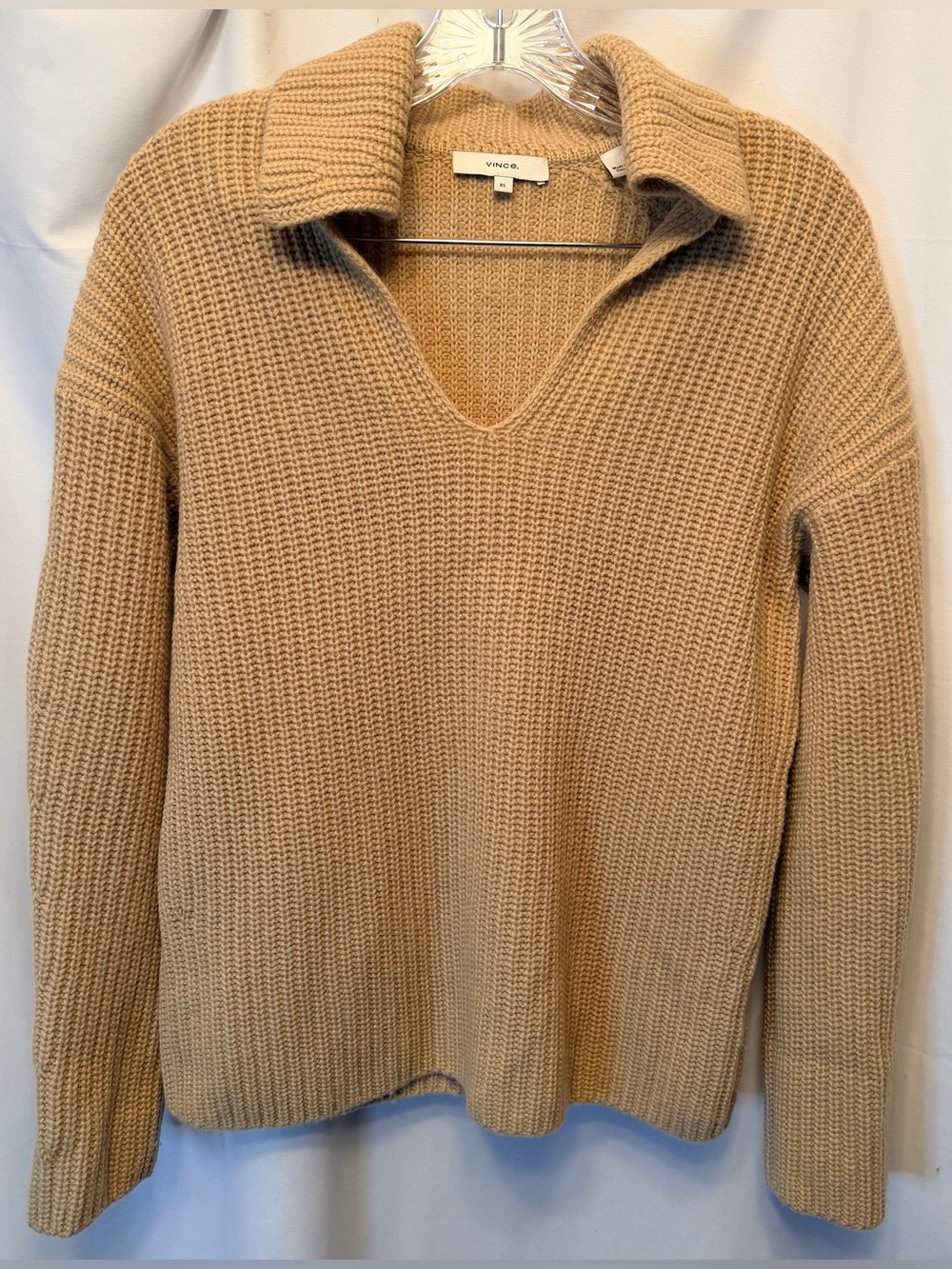 Vince V-Neck Collared Wool Cashmere Polo Sweater Size XS Tan Ribbed Classic Knit
